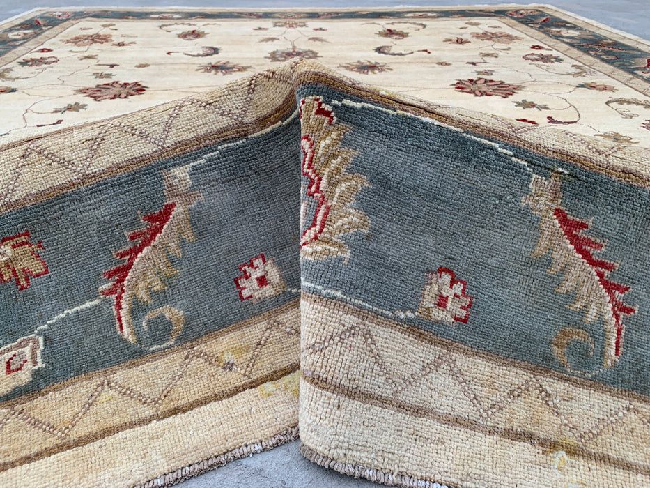 9'8 x 8'10 Hand-Knotted Peshawari Chobi Wool Rug - Ivory Blue Traditional Floral Area Rug - KBHM-560