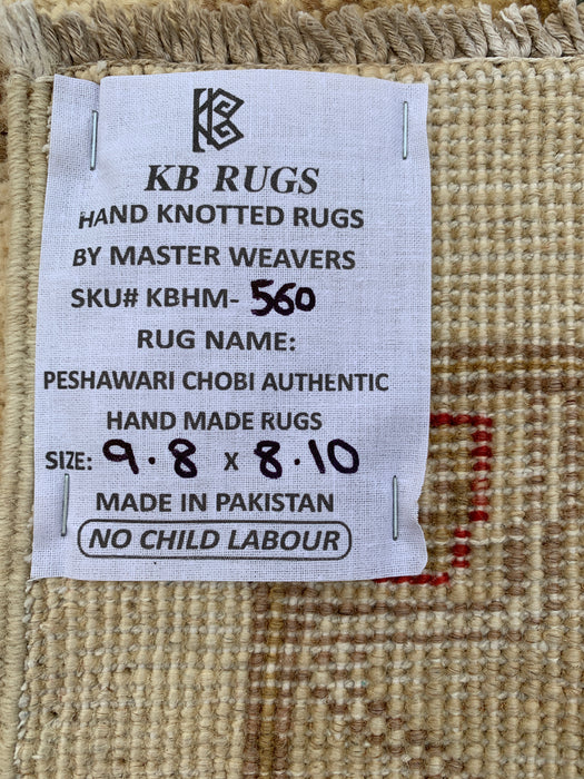 9'8 x 8'10 Hand-Knotted Peshawari Chobi Wool Rug - Ivory Blue Traditional Floral Area Rug - KBHM-560