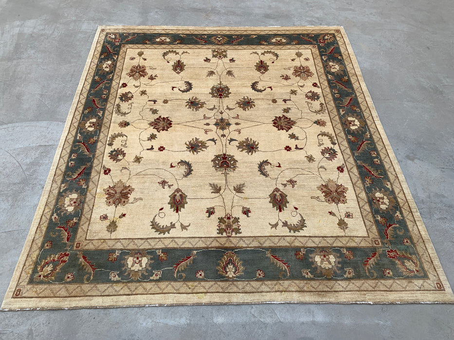 9'8 x 8'10 Hand-Knotted Peshawari Chobi Wool Rug - Ivory Blue Traditional Floral Area Rug - KBHM-560