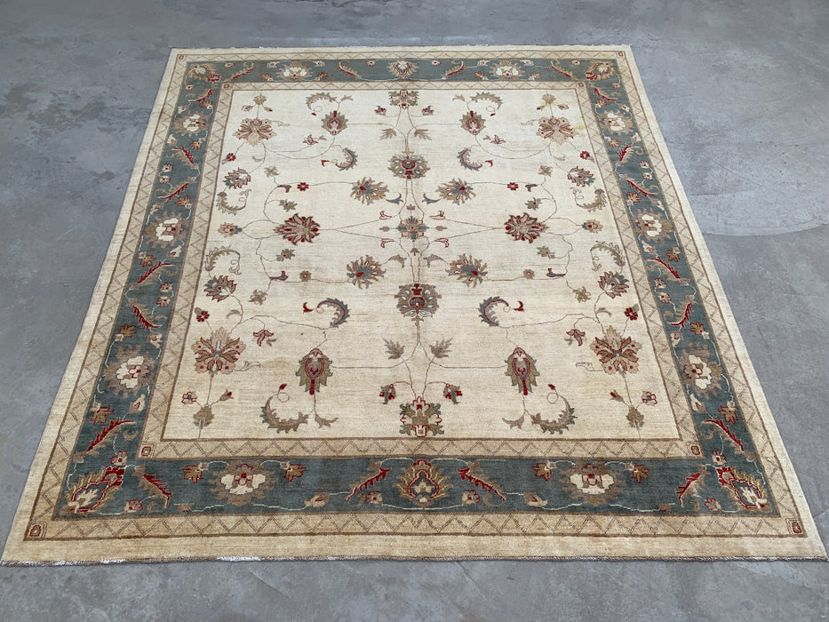 9'8 x 8'10 Hand-Knotted Peshawari Chobi Wool Rug - Ivory Blue Traditional Floral Area Rug - KBHM-560