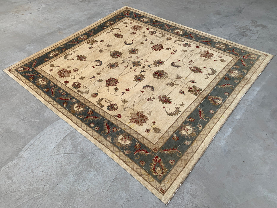 9'8 x 8'10 Hand-Knotted Peshawari Chobi Wool Rug - Ivory Blue Traditional Floral Area Rug - KBHM-560