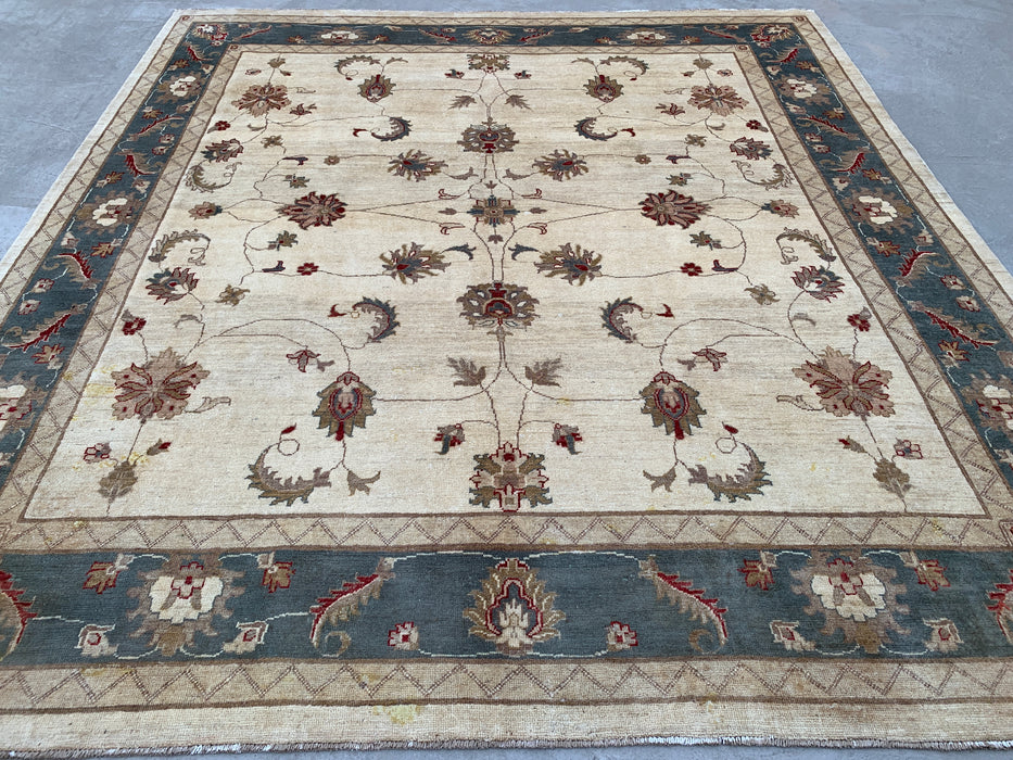 9'8 x 8'10 Hand-Knotted Peshawari Chobi Wool Rug - Ivory Blue Traditional Floral Area Rug - KBHM-560