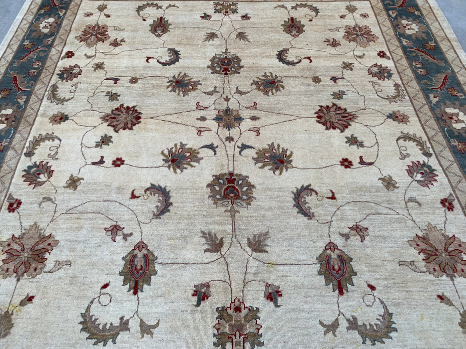 9'8 x 8'10 Hand-Knotted Peshawari Chobi Wool Rug - Ivory Blue Traditional Floral Area Rug - KBHM-560