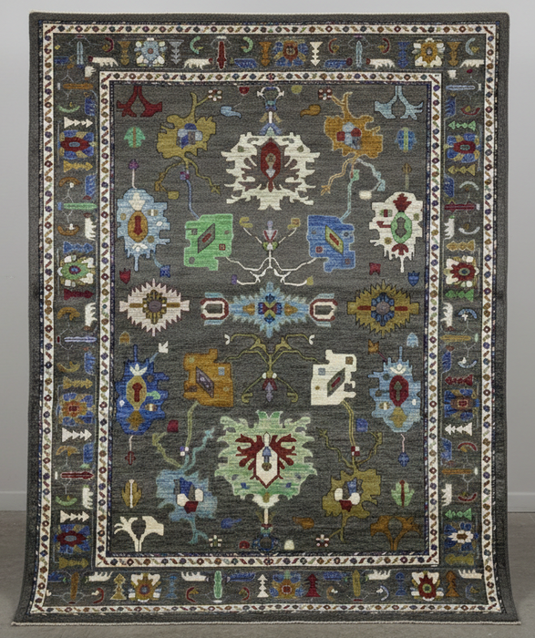 10' x 13' Hand-Knotted Chobi Oushak Wool Rug – Charcoal with Multicolor Floral & Tribal Motifs