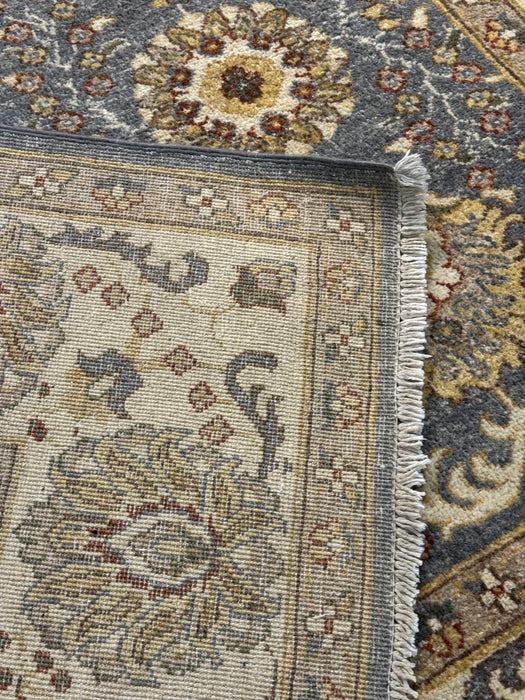 5'0" × 8’0" Hand-Knotted Chobi Wool Rug – Navy Blue with Green & Ivory Border