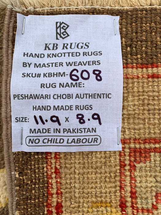 11'9 x 8'9 Hand-Knotted Peshawari Chobi Wool Rug - Brown Traditional Floral Area Rug - KBHM-608