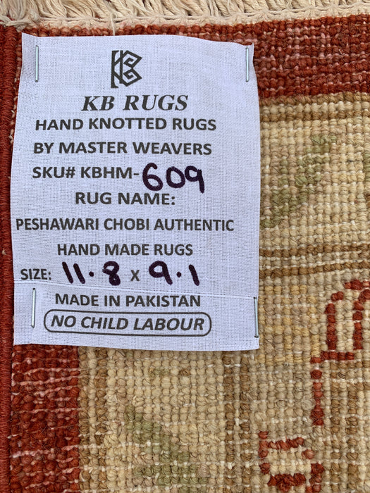 11'8 x 9'1 Hand-Knotted Peshawari Chobi Wool Rug - Red Traditional Floral Area Rug - KBHM-609