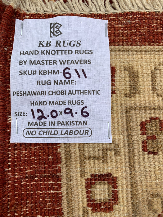 12'0 x 9'6 Hand-Knotted Peshawari Chobi Wool Rug - Red Traditional Floral Area Rug - KBHM-611