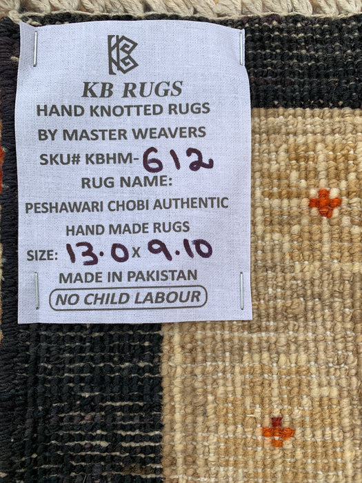 13'0 x 9'10 Hand-Knotted Peshawari Chobi Wool Rug - Black Traditional Floral Area Rug - KBHM-612