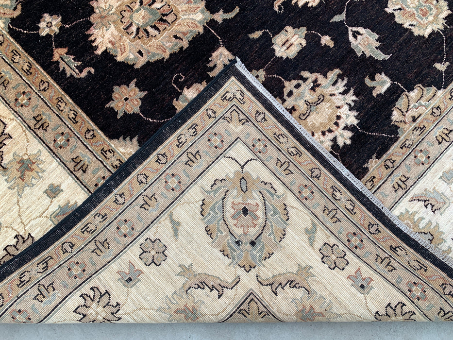 12'1 x 9'1 Hand-Knotted Peshawari Chobi Wool Rug - Black Traditional Floral Area Rug - KBHM-613