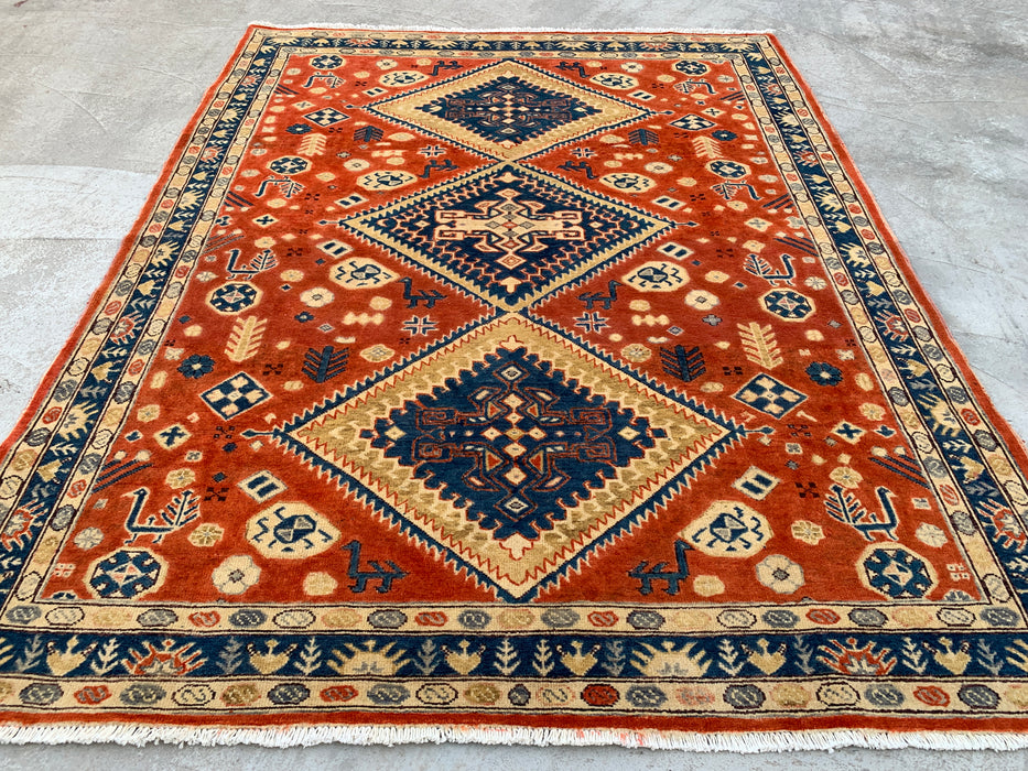 6'5 x 5'1 Hand-Knotted Peshawari Chobi Wool Rug - Orange Tribal Geometric Area Rug - KBHM-629