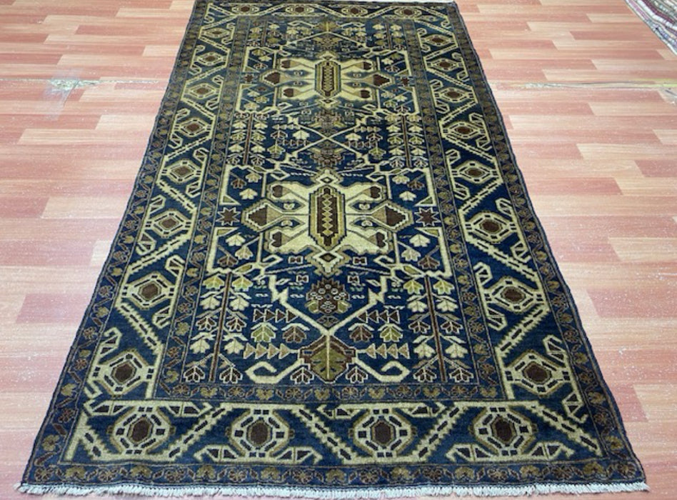 3’9” x 6’8” Hand-Knotted Tribal Wool Rug – Navy & Beige Geometric Pattern