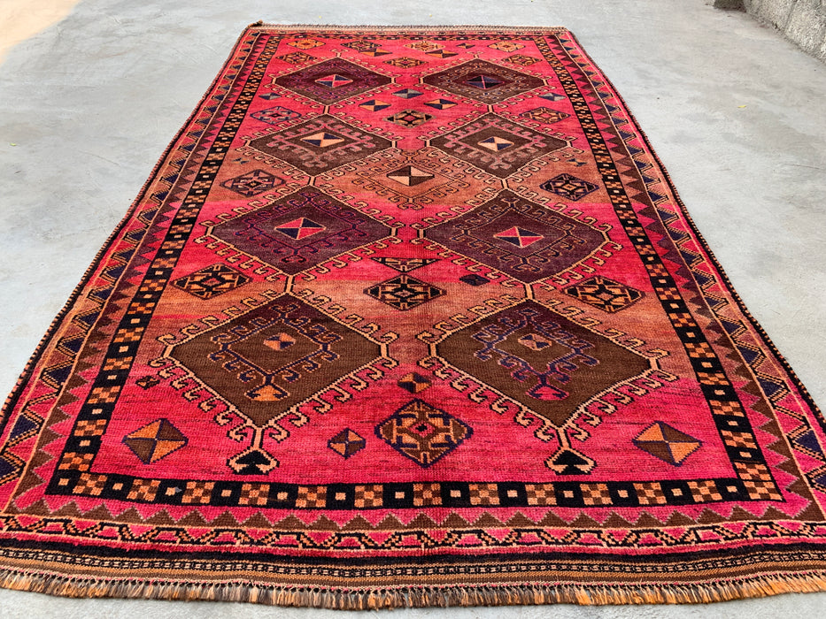 Handmade Persian Wool Area Rug 7x10 - Pink Tribal Geometric Persian Style Rug - Exact Size 9'4" x 5'7" - KBHM-671