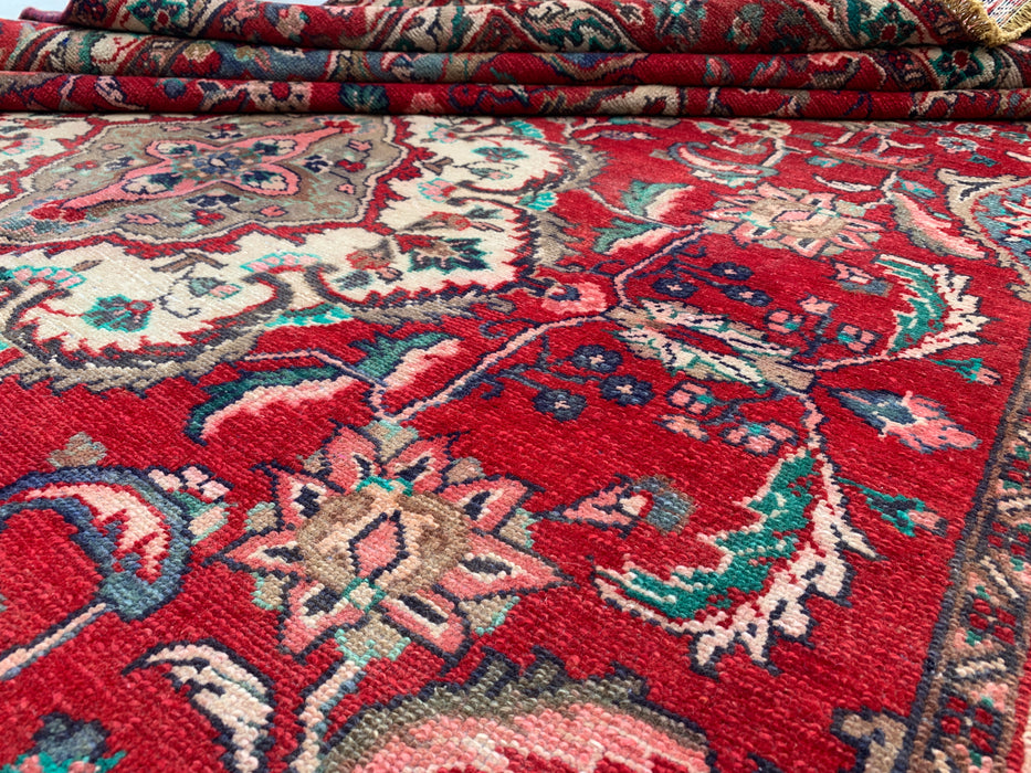 Handmade Persian Wool Area Rug 7x10 - Red, Navy & Ivory Floral Medallion Persian Style Rug - Exact Size 10'4" x 6'10"- KBHM-695