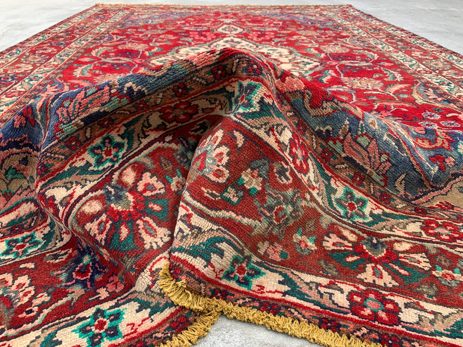 Handmade Persian Wool Area Rug 7x10 - Red, Navy & Ivory Floral Medallion Persian Style Rug - Exact Size 10'4" x 6'10"- KBHM-695