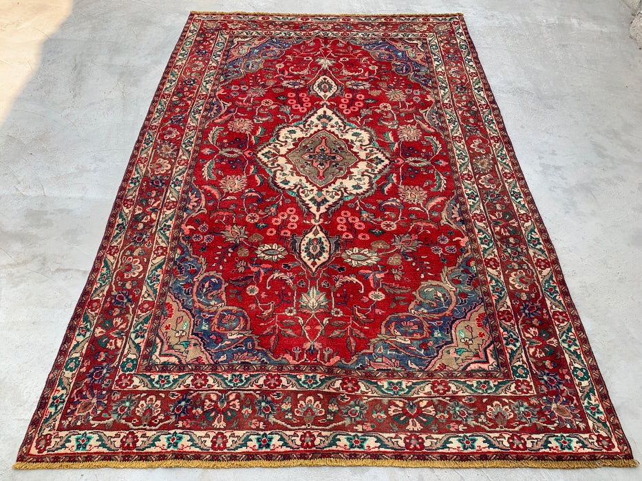 Handmade Persian Wool Area Rug 7x10 - Red, Navy & Ivory Floral Medallion Persian Style Rug - Exact Size 10'4" x 6'10"- KBHM-695