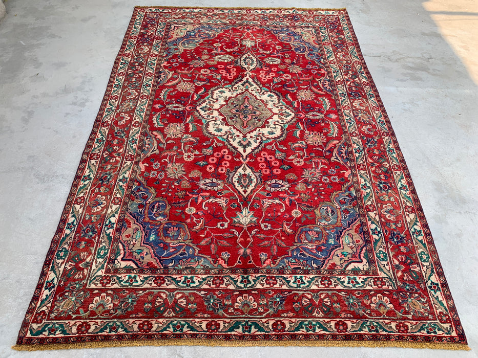 Handmade Persian Wool Area Rug 7x10 - Red, Navy & Ivory Floral Medallion Persian Style Rug - Exact Size 10'4" x 6'10"- KBHM-695
