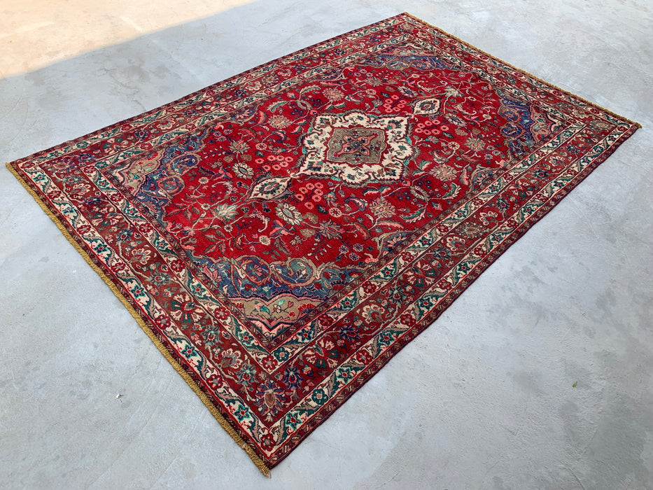 Handmade Persian Wool Area Rug 7x10 - Red, Navy & Ivory Floral Medallion Persian Style Rug - Exact Size 10'4" x 6'10"- KBHM-695