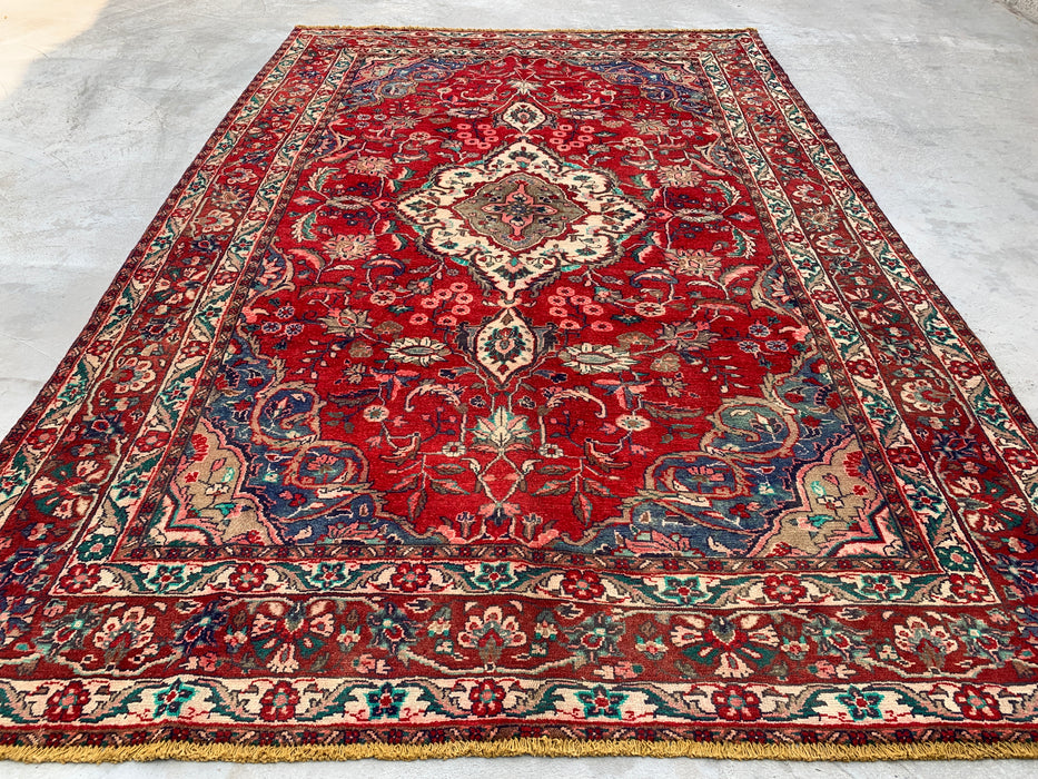 Handmade Persian Wool Area Rug 7x10 - Red, Navy & Ivory Floral Medallion Persian Style Rug - Exact Size 10'4" x 6'10"- KBHM-695