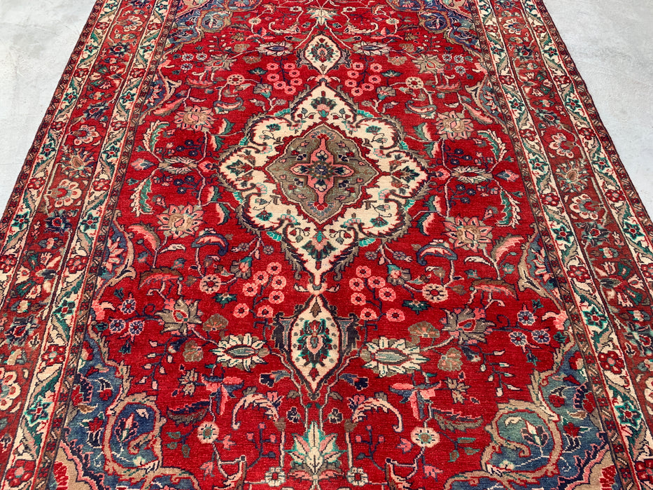 Handmade Persian Wool Area Rug 7x10 - Red, Navy & Ivory Floral Medallion Persian Style Rug - Exact Size 10'4" x 6'10"- KBHM-695