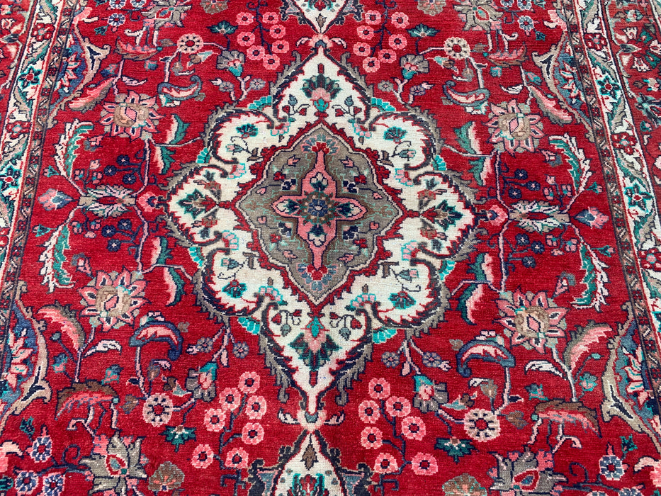 Handmade Persian Wool Area Rug 7x10 - Red, Navy & Ivory Floral Medallion Persian Style Rug - Exact Size 10'4" x 6'10"- KBHM-695
