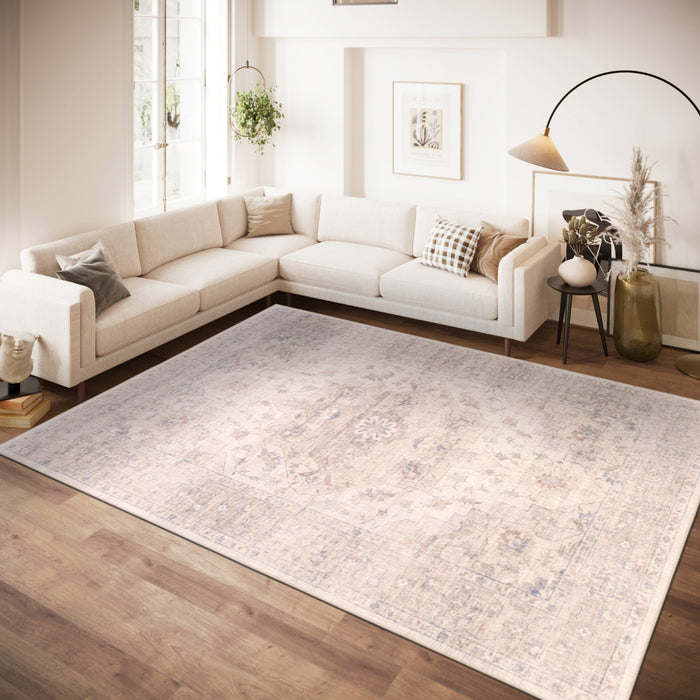 Premium Washable Non-Slip Rug – Dusty Blue Medallion (Machine Washable)