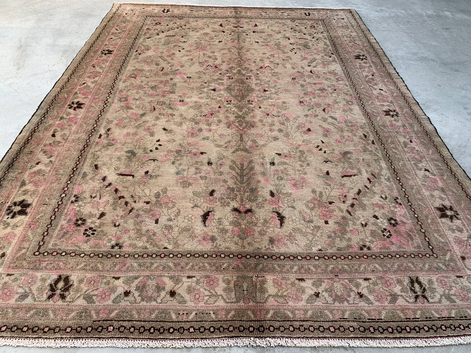 9'7" x 7'1" Hand-Knotted Persian Wool Rug – Beige, Taupe & Blush Vintage Floral Design – KBHM-719