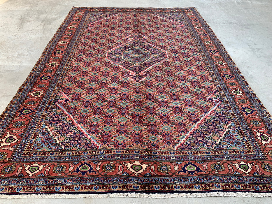 Handmade Persian Wool Area Rug 7x10 - Rose, Blue & Ivory Vintage Medallion Persian Style Rug - Exact Size 9'5" x 6'4" - KBHM-721