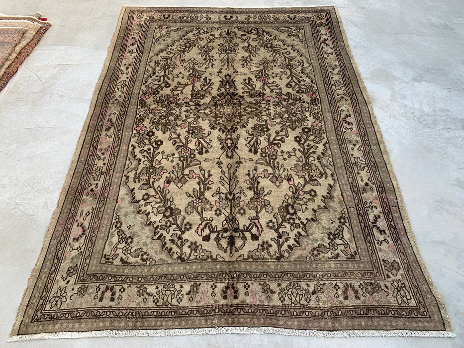 Handmade Persian Wool Area Rug 7x10 - Beige, Taupe & Soft Pink Vintage Floral Persian Style Rug - Exact Size 9'10" x 6'11" - KBHM-726