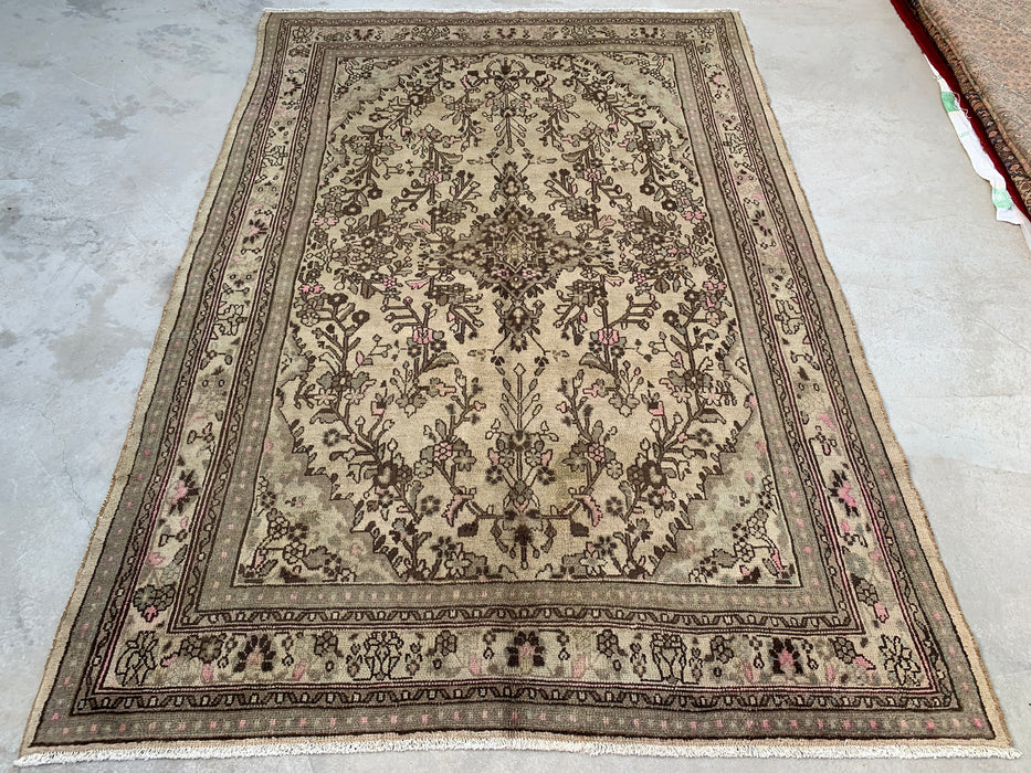 Handmade Persian Wool Area Rug 7x10 - Beige, Taupe & Soft Pink Vintage Floral Persian Style Rug - Exact Size 9'10" x 6'11" - KBHM-726