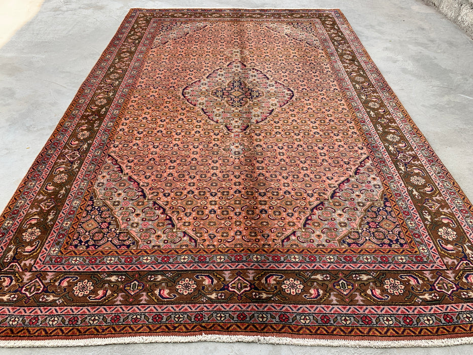 Handmade Persian Wool Area Rug 7x10 - Rose, Brown & Ivory Vintage Medallion Persian Style Rug - Exact Size 9'6" x 6'2" - KBHM-732