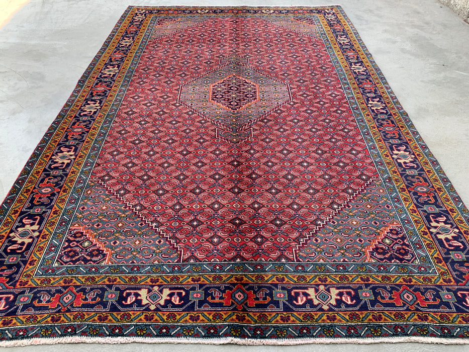Handmade Persian Wool Area Rug 7x10 - Red, Blue & Ivory Vintage Medallion Persian Style Rug - Exact Size 9'5" x 6'3" - KBHM-733
