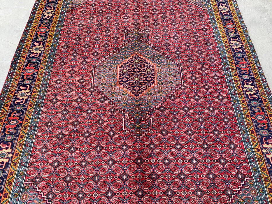 Handmade Persian Wool Area Rug 7x10 - Red, Blue & Ivory Vintage Medallion Persian Style Rug - Exact Size 9'5" x 6'3" - KBHM-733
