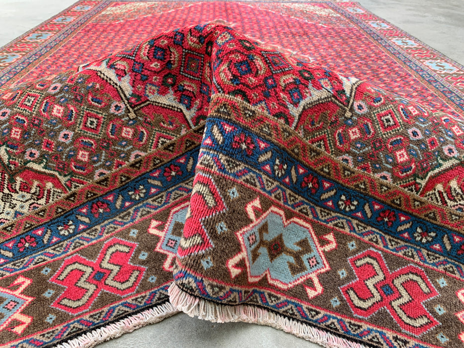Handmade Persian Wool Area Rug 7x10 - Red, Brown & Ivory Vintage Medallion Persian Style Rug - Exact Size 9'2" x 6'0" - KBHM-735