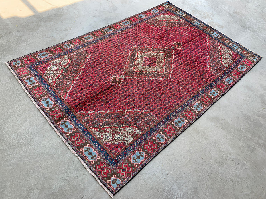 Handmade Persian Wool Area Rug 7x10 - Red, Brown & Ivory Vintage Medallion Persian Style Rug - Exact Size 9'2" x 6'0" - KBHM-735