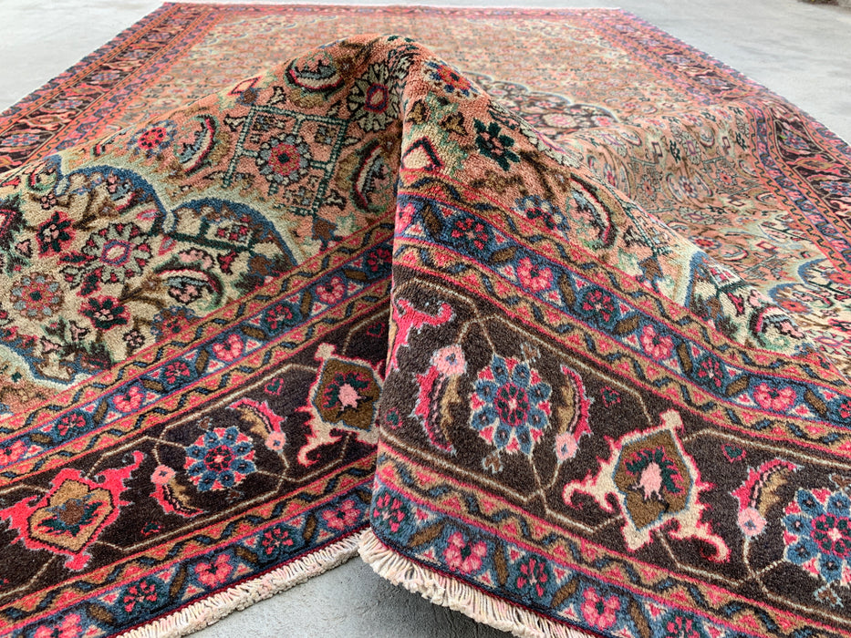 Handmade Persian Wool Area Rug 7x10 - Beige, Taupe & Soft Rose Vintage Medallion Persian Style Rug - Exact Size 9'4" x 6'1" - KBHM-738