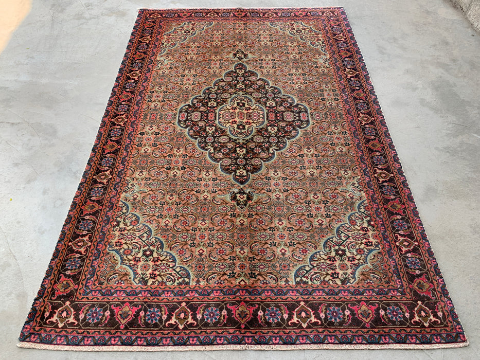 Handmade Persian Wool Area Rug 7x10 - Beige, Taupe & Soft Rose Vintage Medallion Persian Style Rug - Exact Size 9'4" x 6'1" - KBHM-738