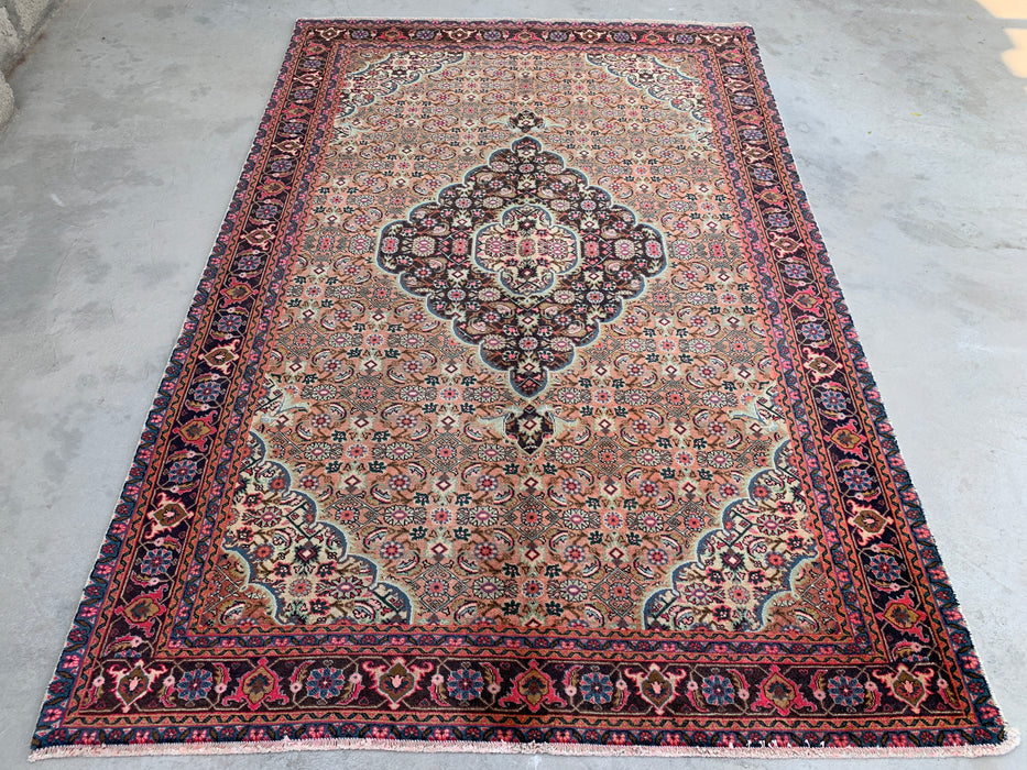 Handmade Persian Wool Area Rug 7x10 - Beige, Taupe & Soft Rose Vintage Medallion Persian Style Rug - Exact Size 9'4" x 6'1" - KBHM-738