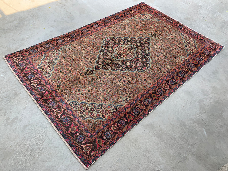 Handmade Persian Wool Area Rug 7x10 - Beige, Taupe & Soft Rose Vintage Medallion Persian Style Rug - Exact Size 9'4" x 6'1" - KBHM-738