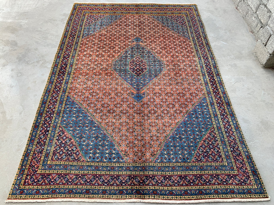 Handmade Persian Wool Area Rug 7x10 - Rose, Blue & Ivory Vintage Medallion Persian Style Rug - Exact Size 9'5" x 6'5" - KBHM-740