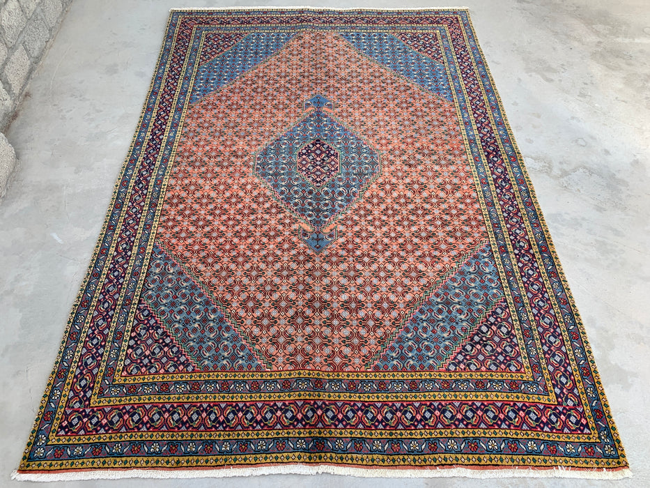Handmade Persian Wool Area Rug 7x10 - Rose, Blue & Ivory Vintage Medallion Persian Style Rug - Exact Size 9'5" x 6'5" - KBHM-740