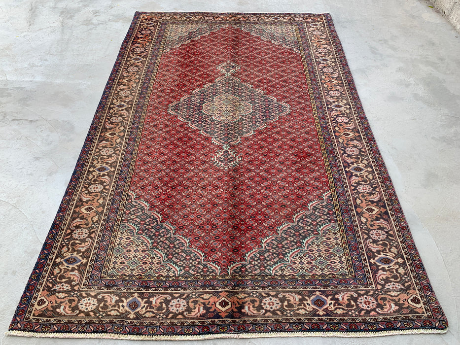 Handmade Persian Wool Area Rug 7x10 - Red, Brown & Ivory Vintage Medallion Persian Style Rug - Exact Size 9'7" x 6'2" - KBHM-755