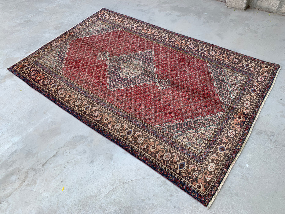 Handmade Persian Wool Area Rug 7x10 - Red, Brown & Ivory Vintage Medallion Persian Style Rug - Exact Size 9'7" x 6'2" - KBHM-755
