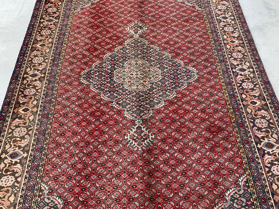 Handmade Persian Wool Area Rug 7x10 - Red, Brown & Ivory Vintage Medallion Persian Style Rug - Exact Size 9'7" x 6'2" - KBHM-755