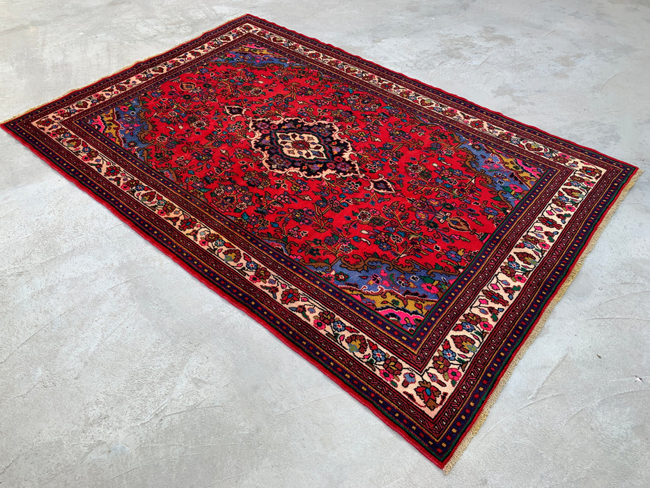 Handmade Persian Wool Area Rug 7x10 - Red, Navy & Ivory Floral Medallion Persian Style Rug - Exact Size 9'11" x 6'8" - KBHM-766