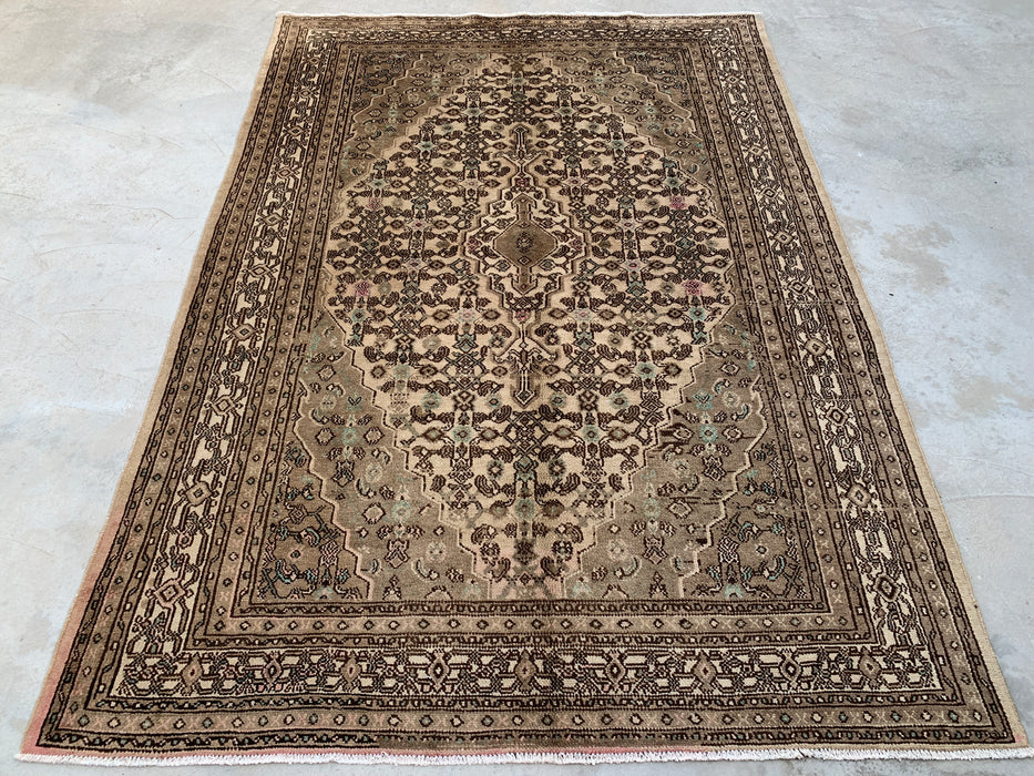 Handmade Persian Wool Area Rug 7x10 - Beige, Taupe & Ivory Vintage Medallion Persian Style Rug - Exact Size 9'8" x 6'11" - KBHM-806