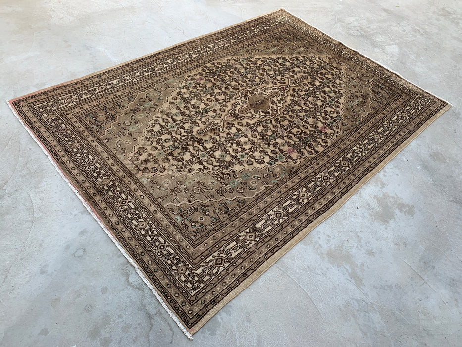 Handmade Persian Wool Area Rug 7x10 - Beige, Taupe & Ivory Vintage Medallion Persian Style Rug - Exact Size 9'8" x 6'11" - KBHM-806