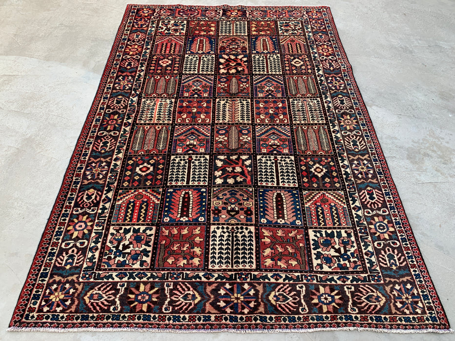 Handmade Persian Wool Area Rug 7x10 - Red Panel Persian Style Rug with Navy & Ivory Border - Exact Size 10'4" x 6'10" - KBHM-825