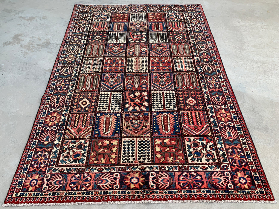 Handmade Persian Wool Area Rug 7x10 - Red Panel Persian Style Rug with Navy & Ivory Border - Exact Size 10'4" x 6'10" - KBHM-825