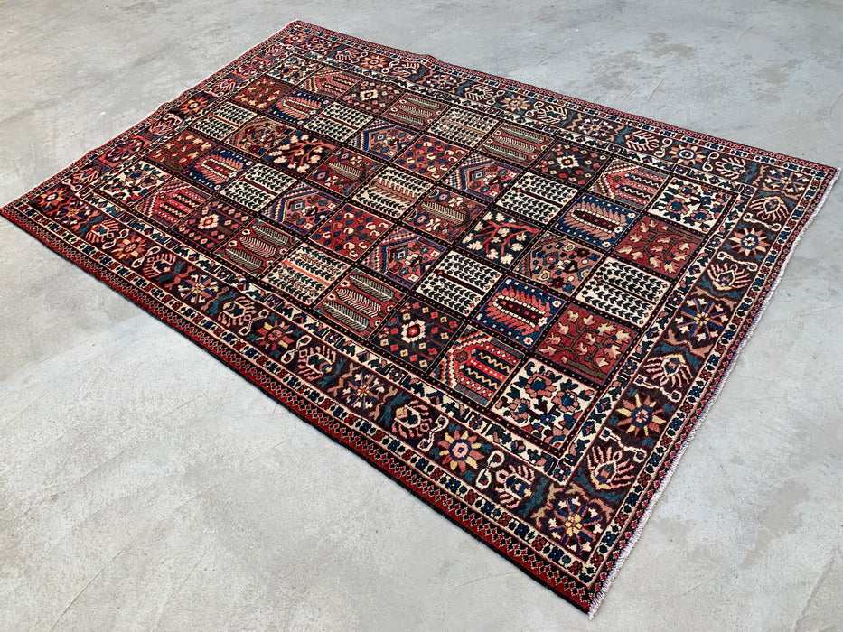 Handmade Persian Wool Area Rug 7x10 - Red Panel Persian Style Rug with Navy & Ivory Border - Exact Size 10'4" x 6'10" - KBHM-825